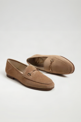 Pair of brown loafers with decorative buckles on a white background