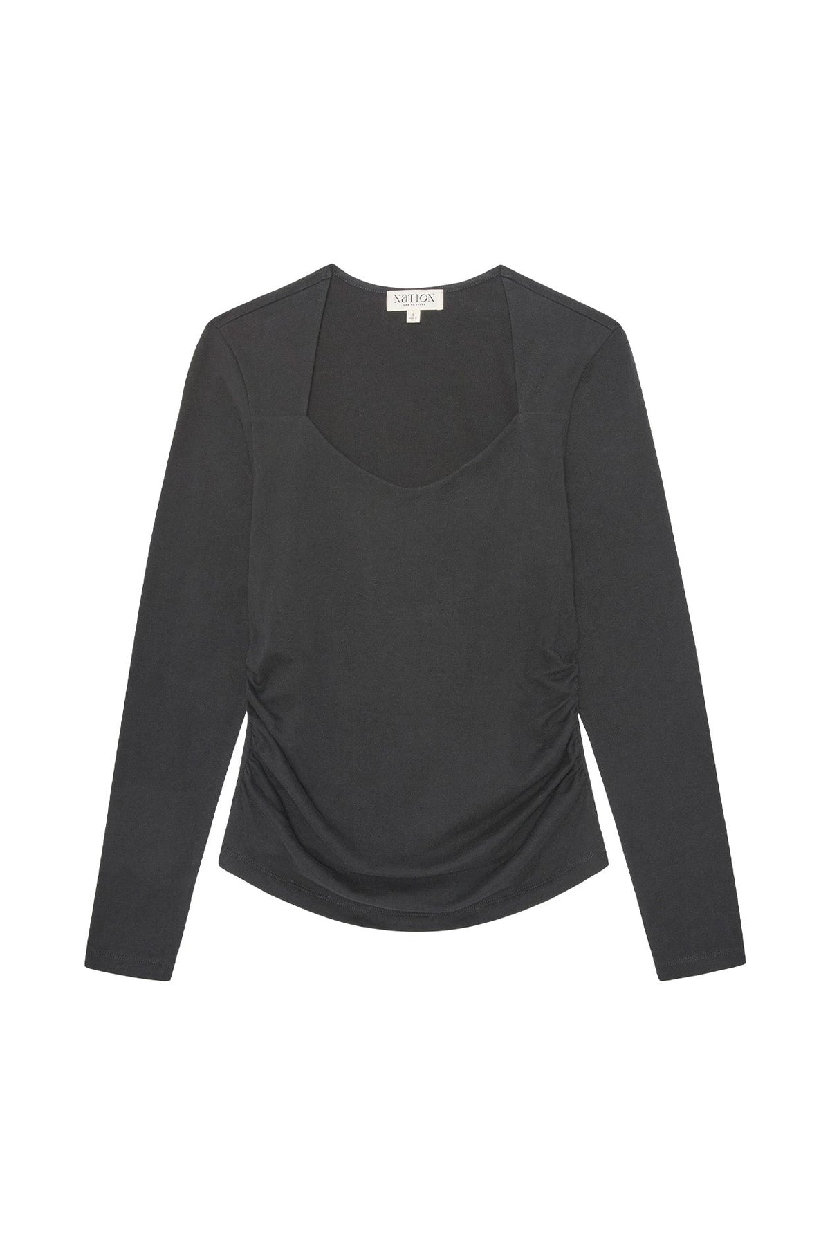 A black long-sleeve top with a square neckline and ruched side details, displayed flat against a solid white background.