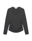 A black long-sleeve top with a square neckline and ruched side details, displayed flat against a solid white background.