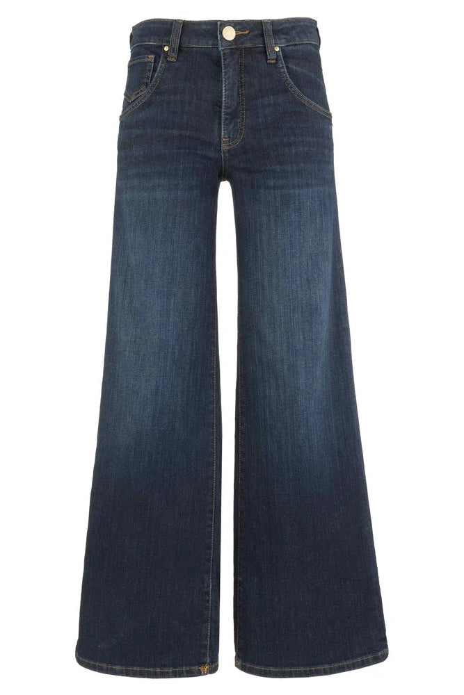 Dark blue wide-leg denim jeans with a high waist and front button closure, shown against a plain white background.