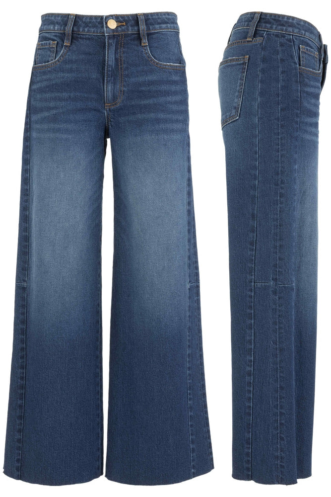 Pair of blue jeans shown from front and side views on a white background