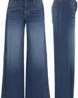 Pair of blue jeans shown from front and side views on a white background