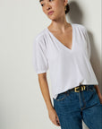 Woman wearing a white blouse and blue jeans against a plain background