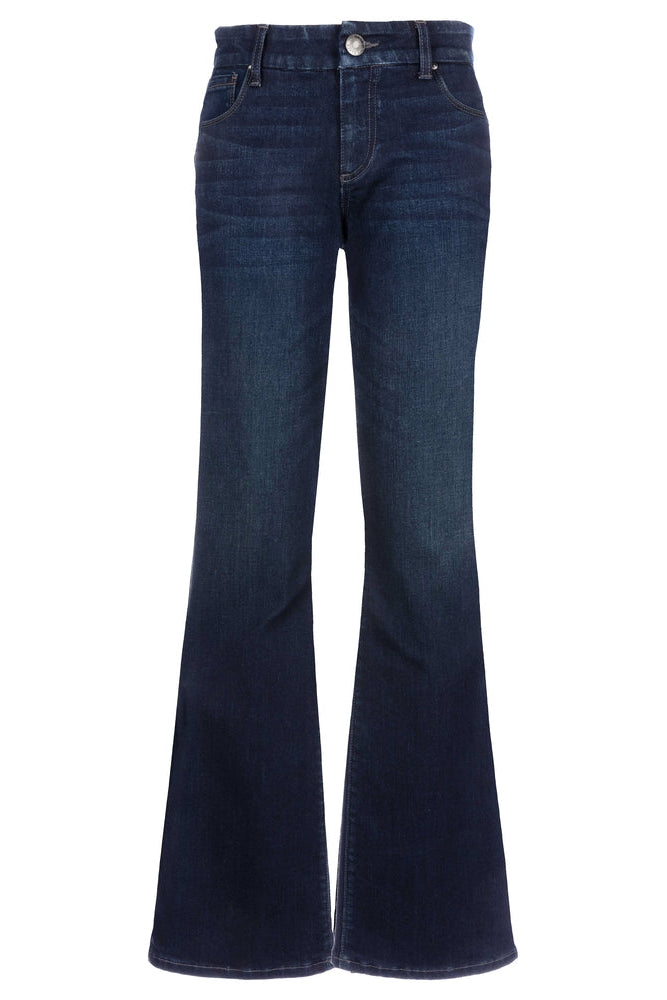 Blue flared jeans on a white background