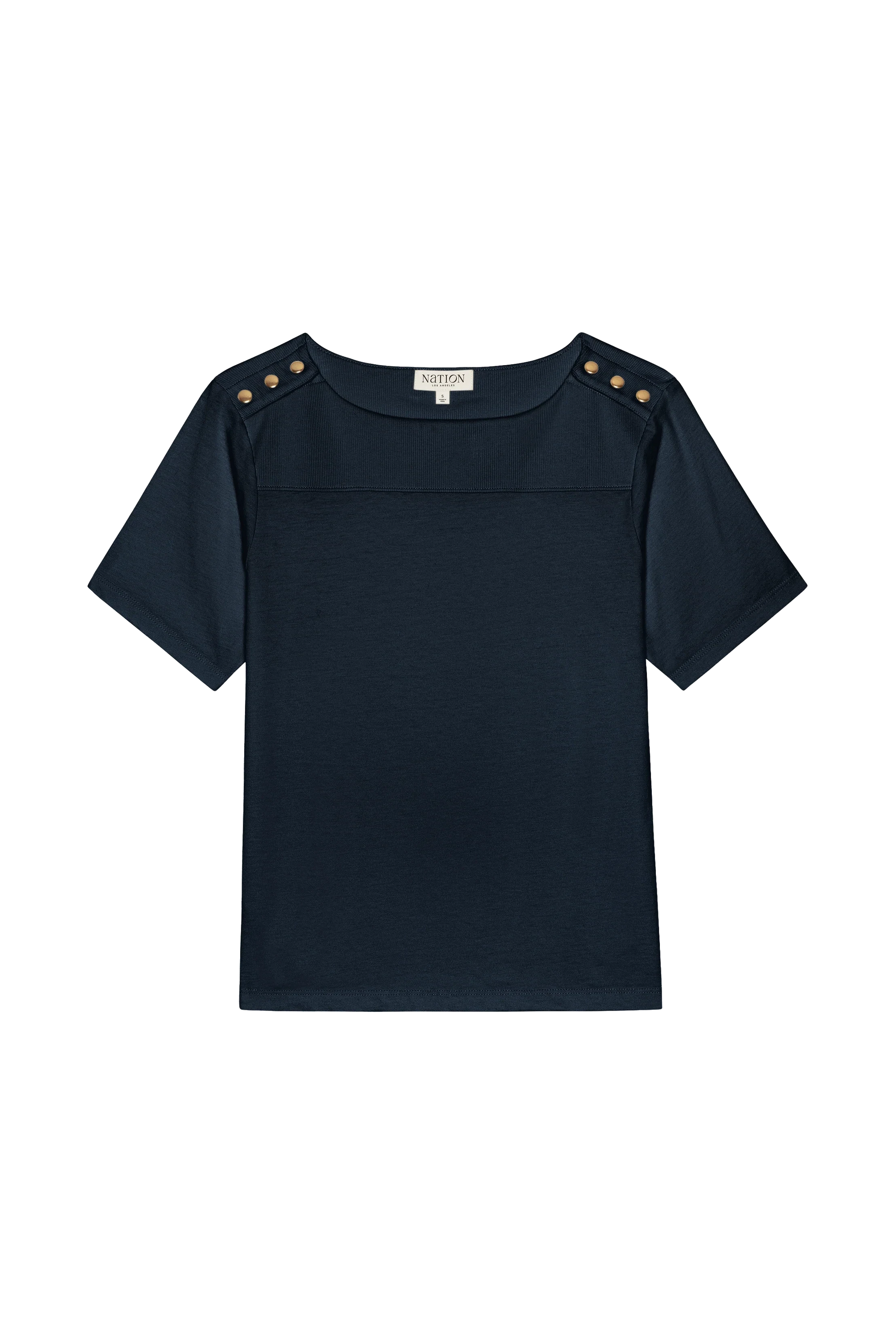 Black top with gold embellishments on a white background