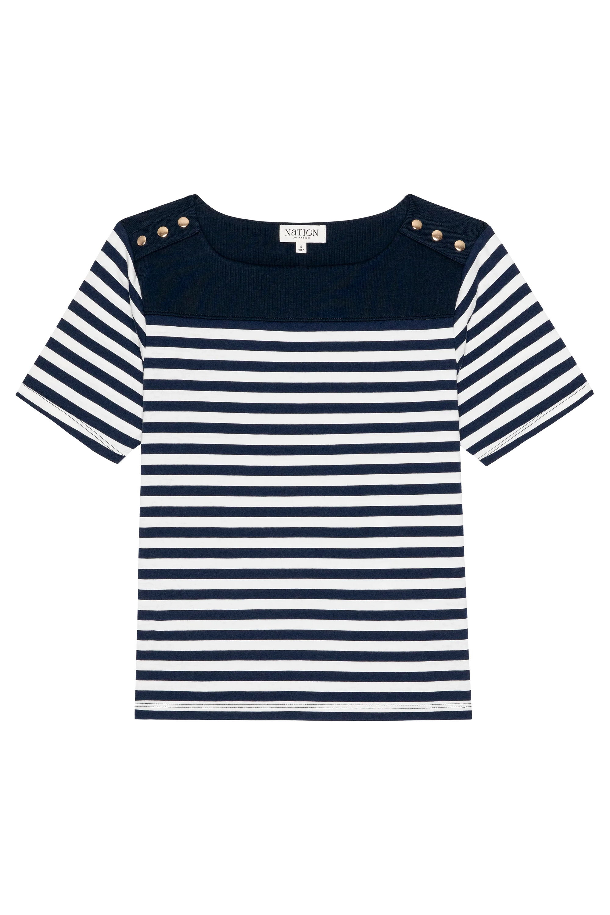 Navy and white striped shirt with decorative buttons on a white background