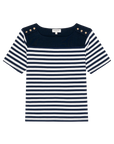 Navy and white striped shirt with decorative buttons on a white background