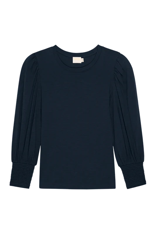 Navy blue long-sleeve top on a white background