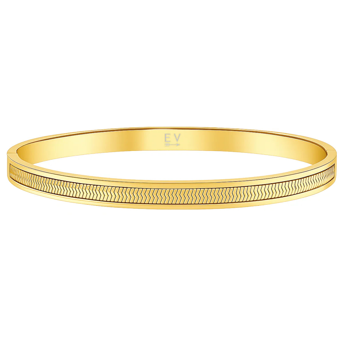 Gold bracelet with 'EV' engraving on a white background