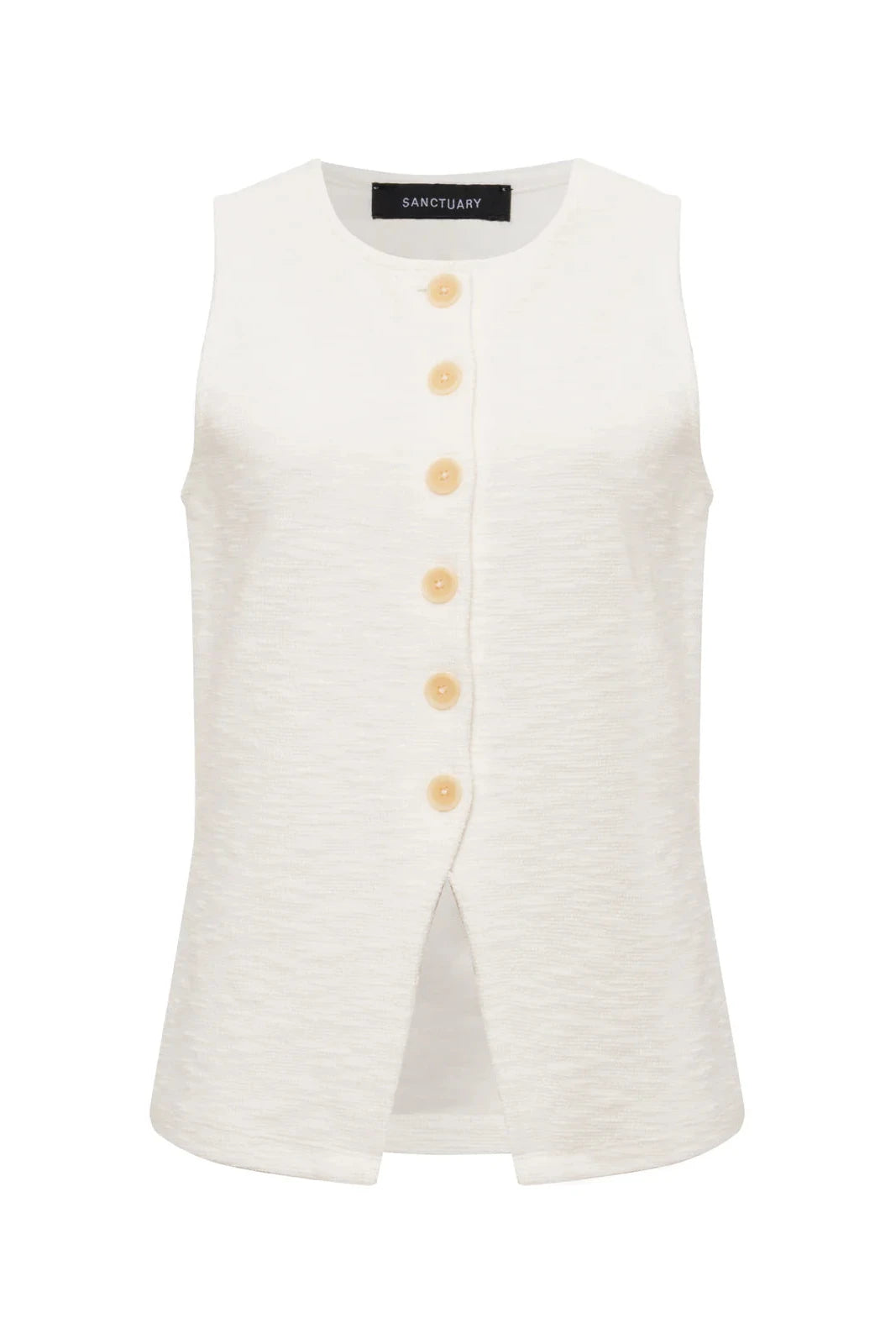 White sleeveless button-up top with yellow buttons on a white background