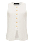 White sleeveless button-up top with yellow buttons on a white background