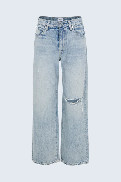 Light blue jeans with a slight distressed look on a light gray background