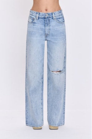 Light blue jeans with a distressed design on a white background