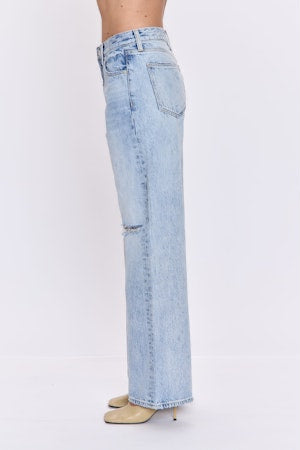 Light blue jeans worn by a person on a white background