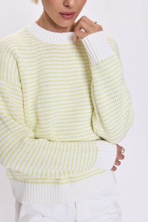 Person wearing a light green and white patterned sweater on a white background