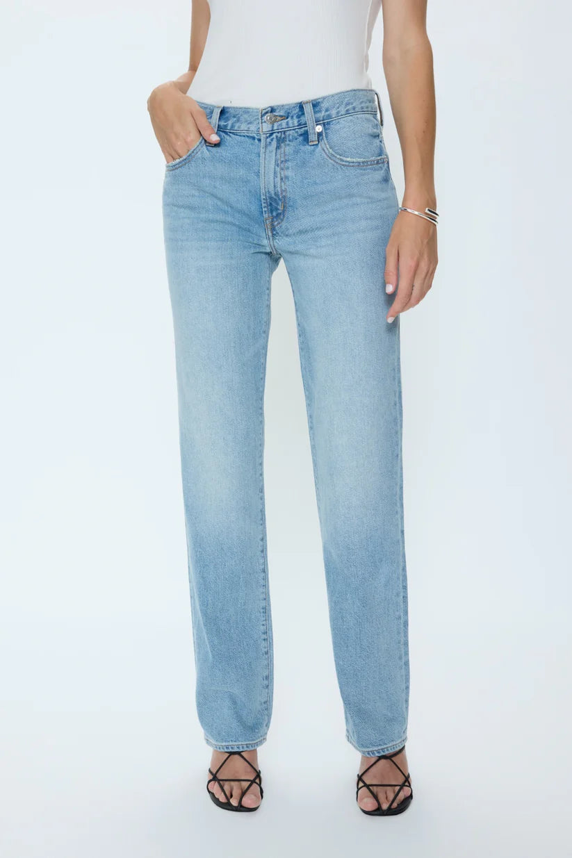 Light blue jeans worn by a person on a white background