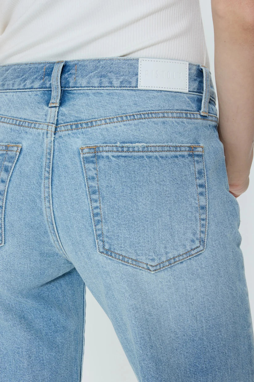 Light blue jeans with a white background