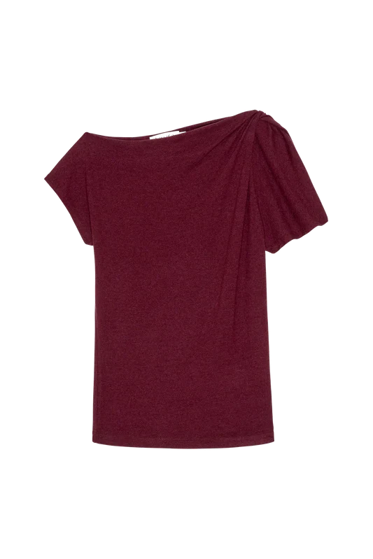 Maroon off-shoulder top on a white background
