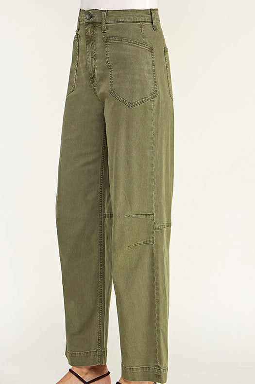 Olive green wide-leg cropped pants shown on a mannequin lower body with dark brown pointed-toe slingback heels against a plain light background.