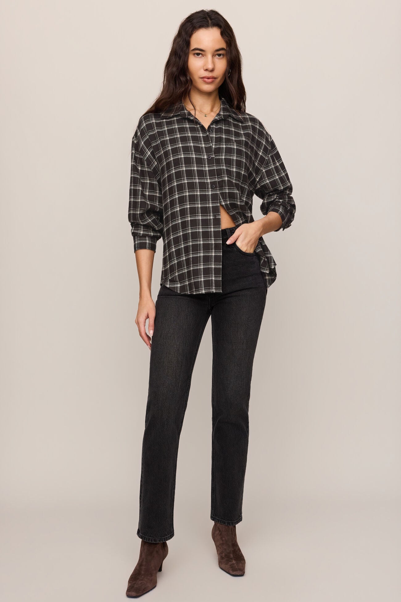 River Plaid Button Up - Ash Black
