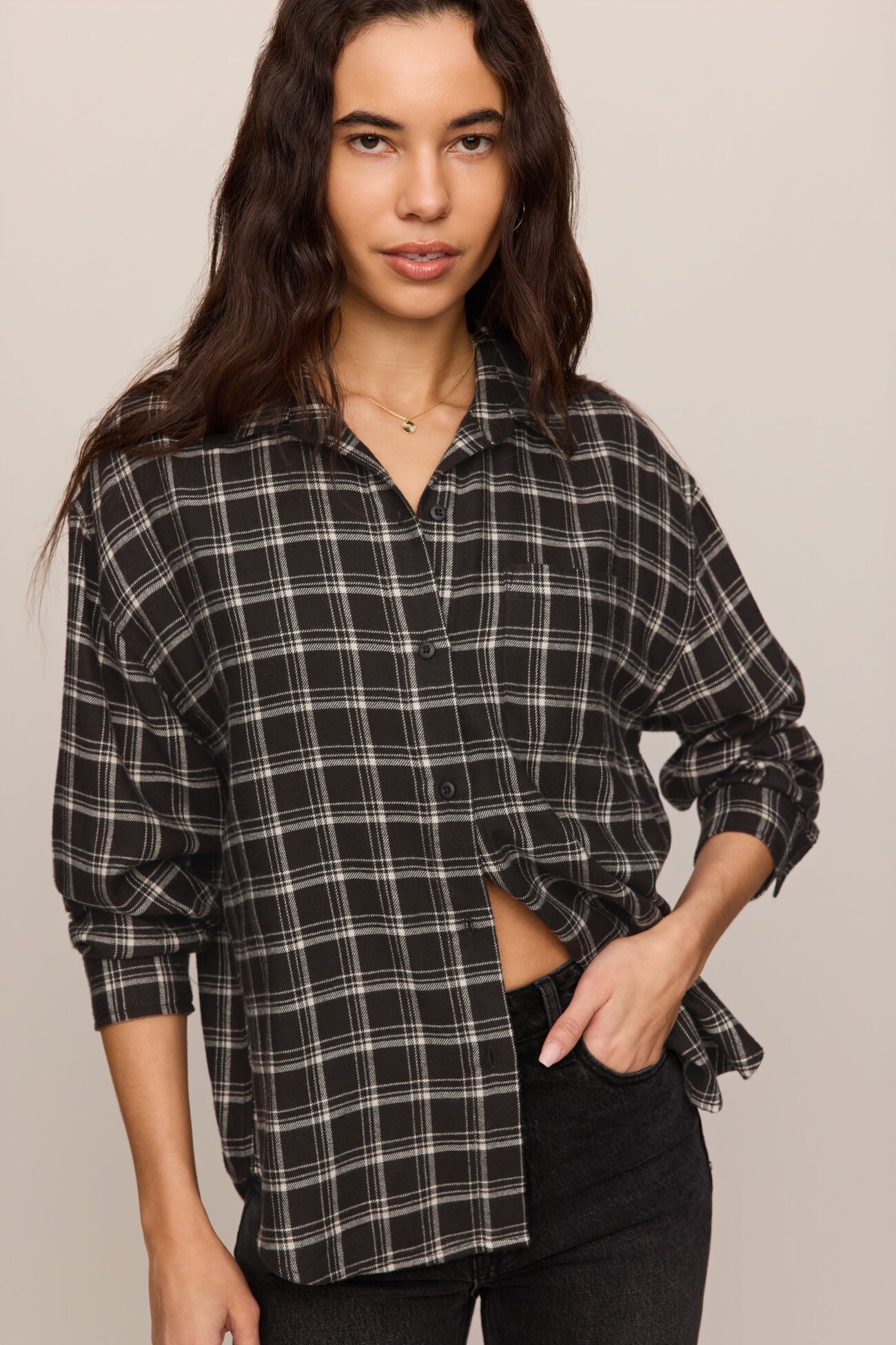 River Plaid Button Up - Ash Black