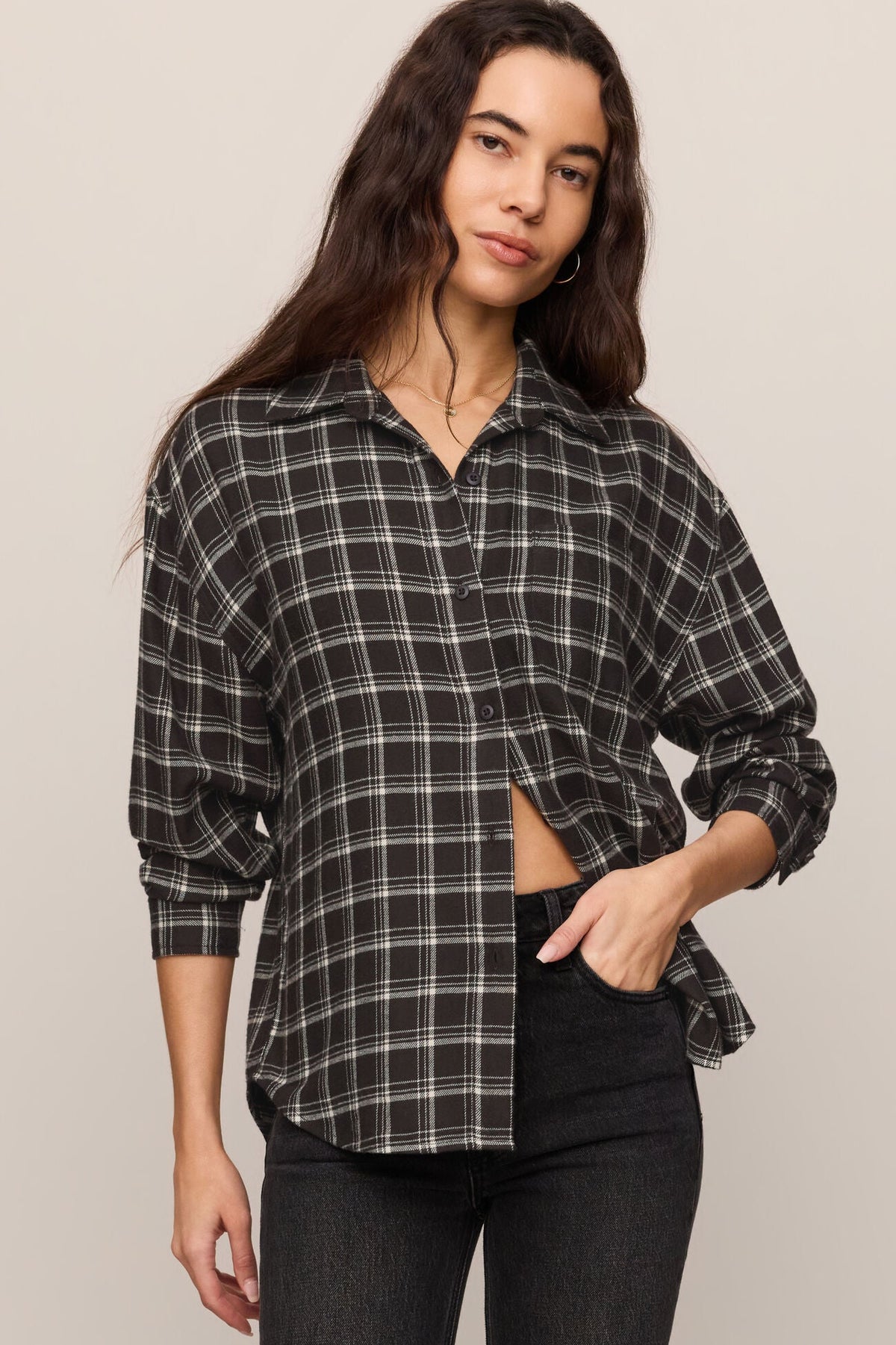 River Plaid Button Up - Ash Black