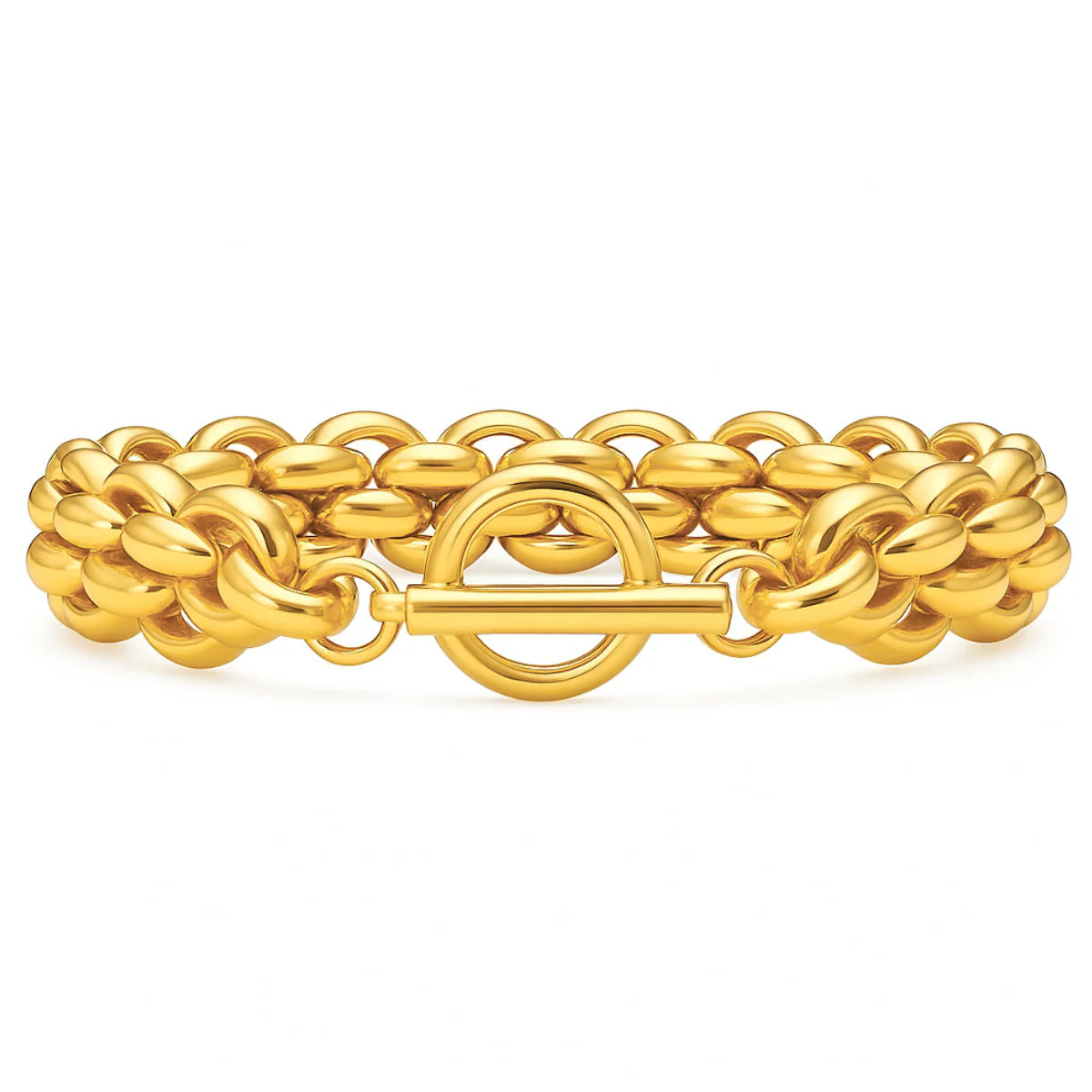 Gold bracelet with a clasp on a white background