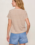 Woman wearing a striped shirt and denim shorts against a plain background