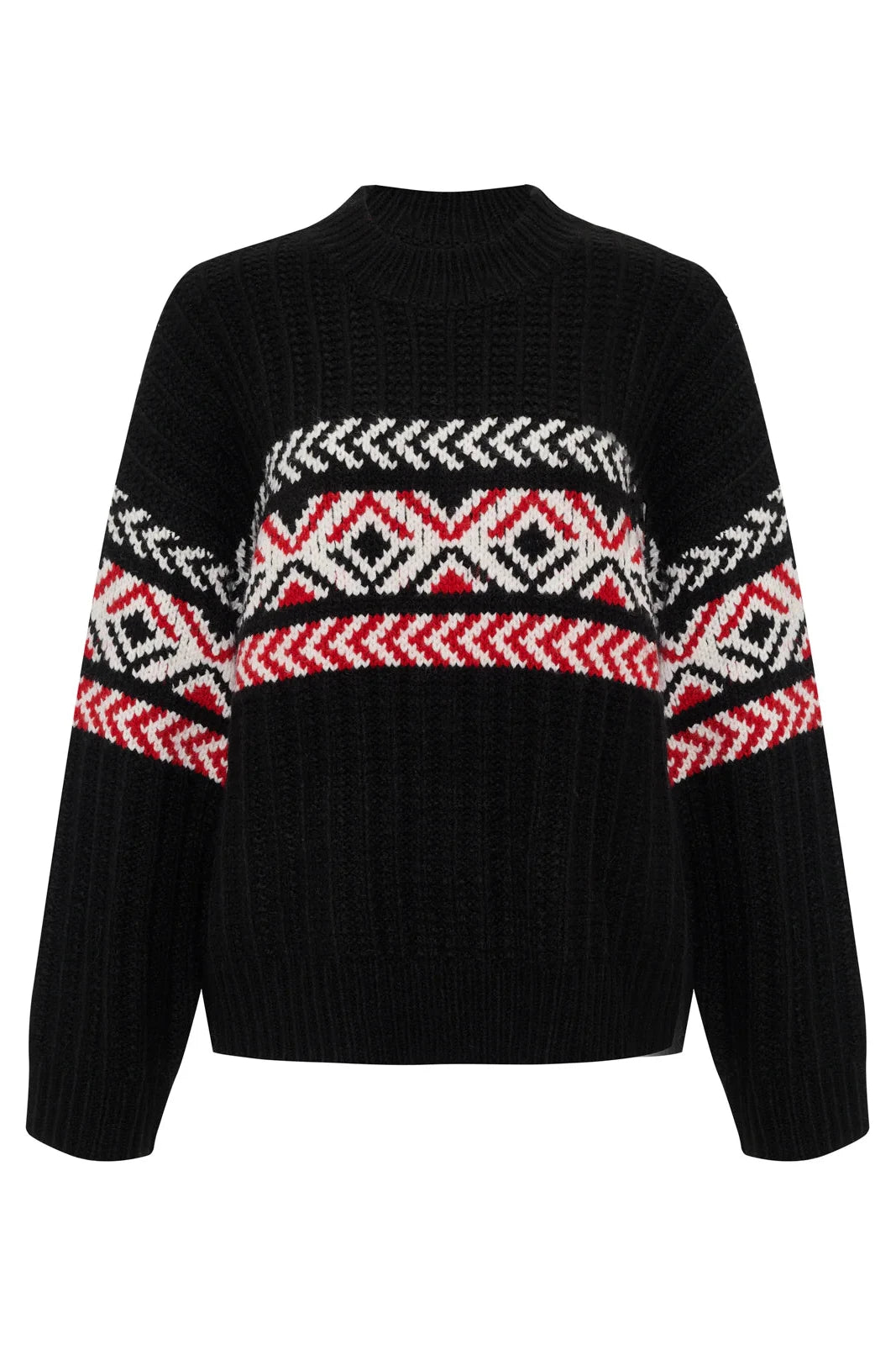 Black sweater with red and white geometric pattern on a white background
