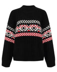 Black sweater with red and white geometric pattern on a white background