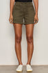 Person wearing olive green shorts on a plain background