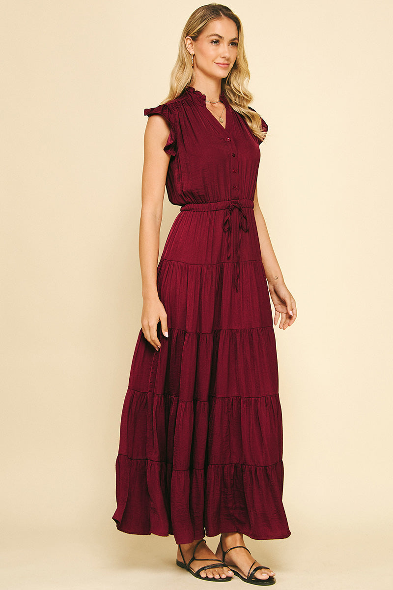Satin Tiered Maxi Dress - Wine