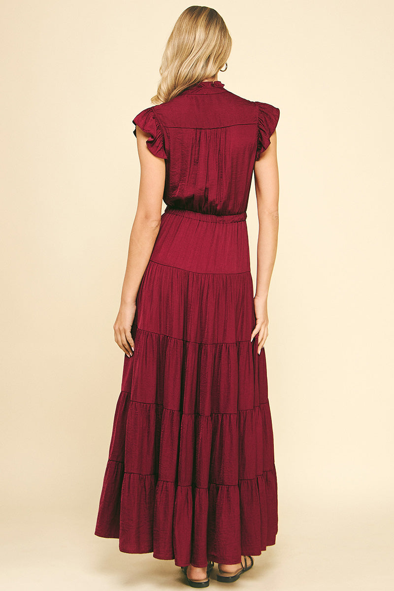 Satin Tiered Maxi Dress - Wine