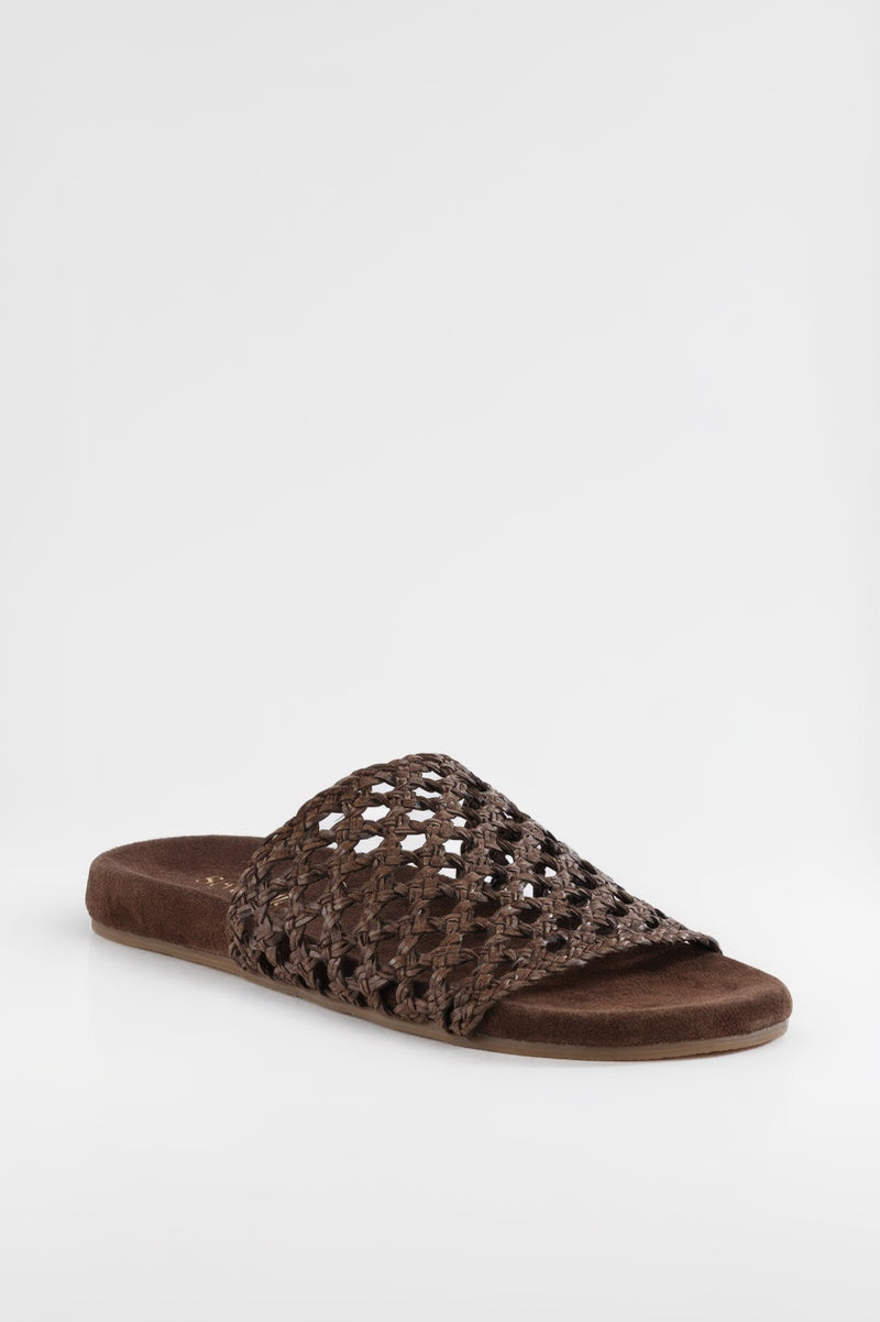 Brown woven sandal on a white background