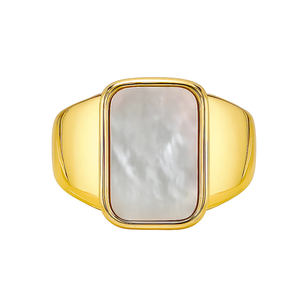 Gold ring with a rectangular mother-of-pearl stone on a white background