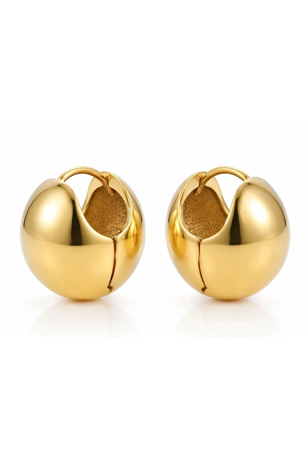 A pair of gold-toned hoop earrings with a unique split-oval design, shown on a clean white background.