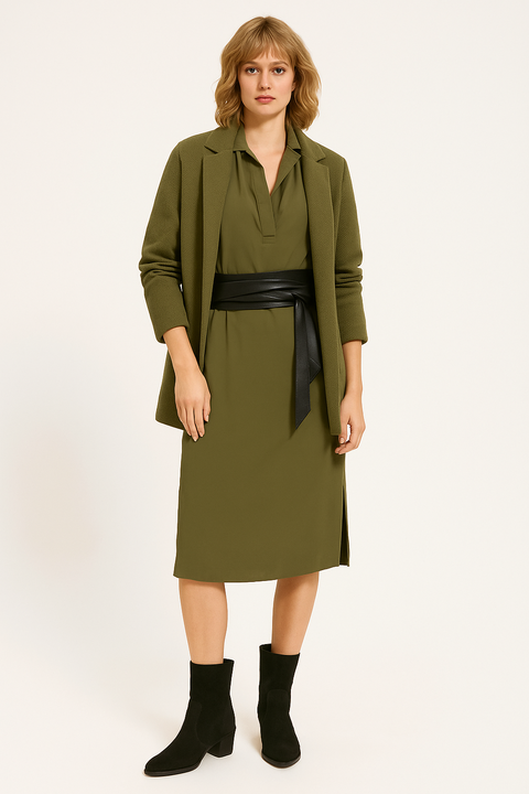 Woman wearing a green dress with a black belt on a white background