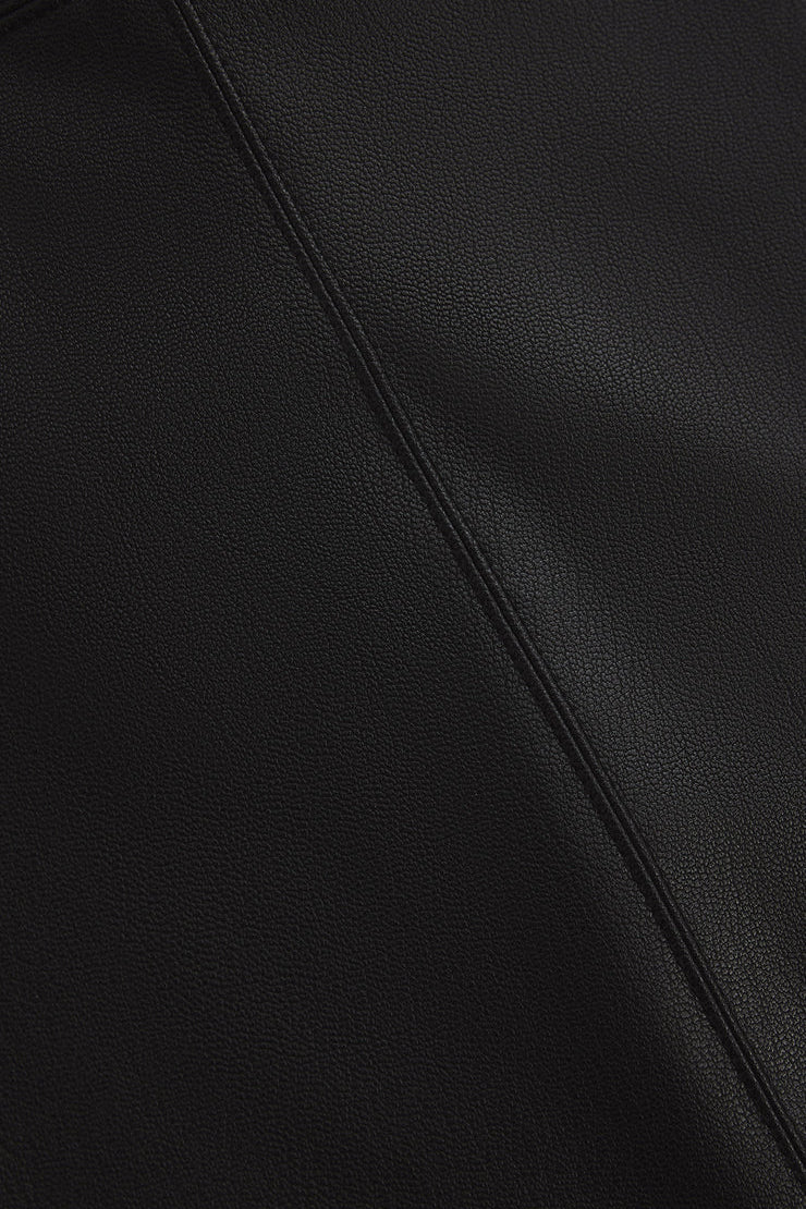 Close-up of a black leather jacket with visible stitching