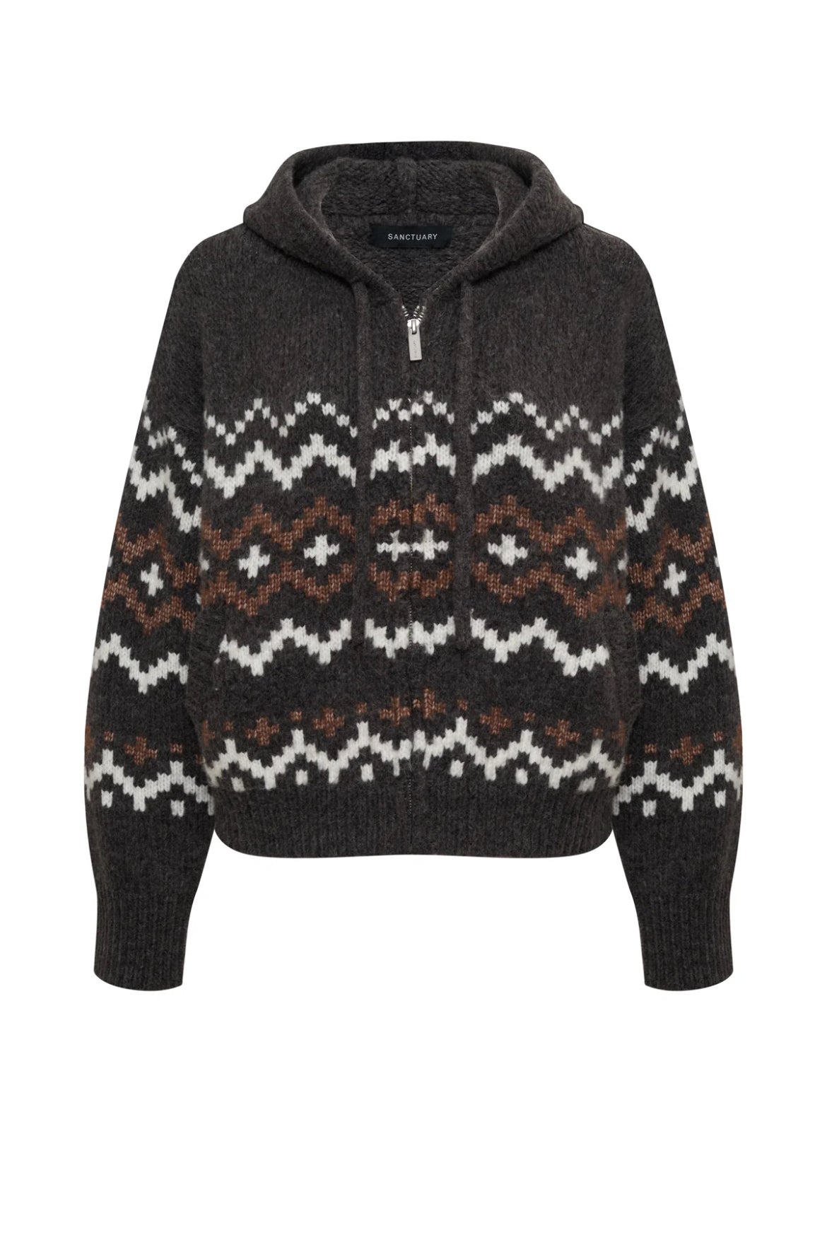 Dark gray hoodie with a patterned design on a white background