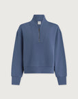 Blue sweatshirt with a quarter zip on a light gray background
