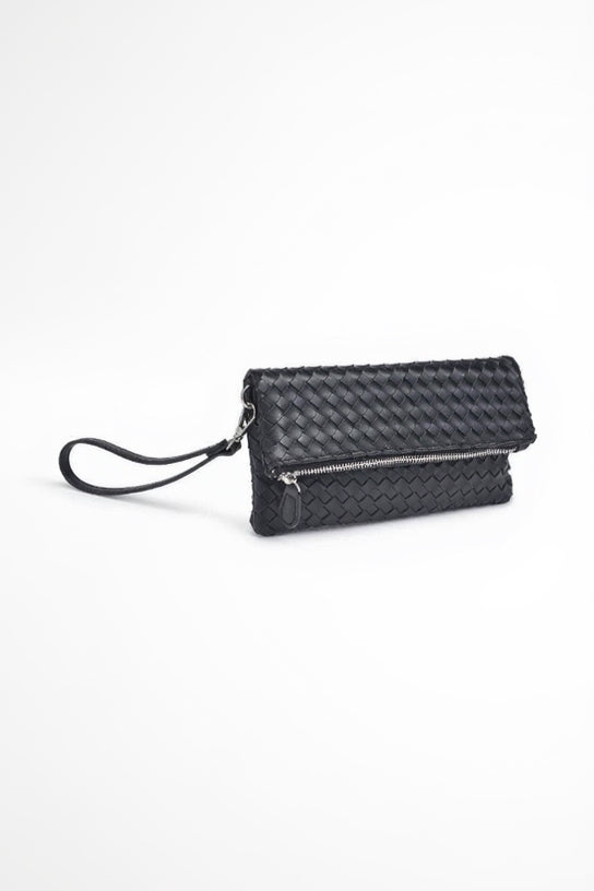 Black woven clutch bag on a white background