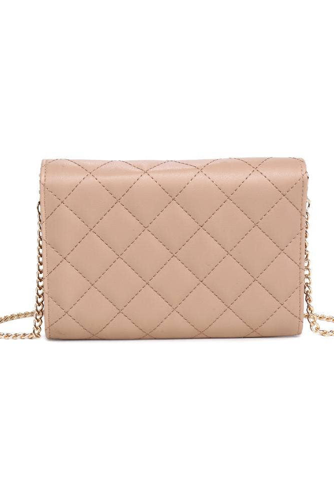 Quilted beige handbag with a chain strap on a white background
