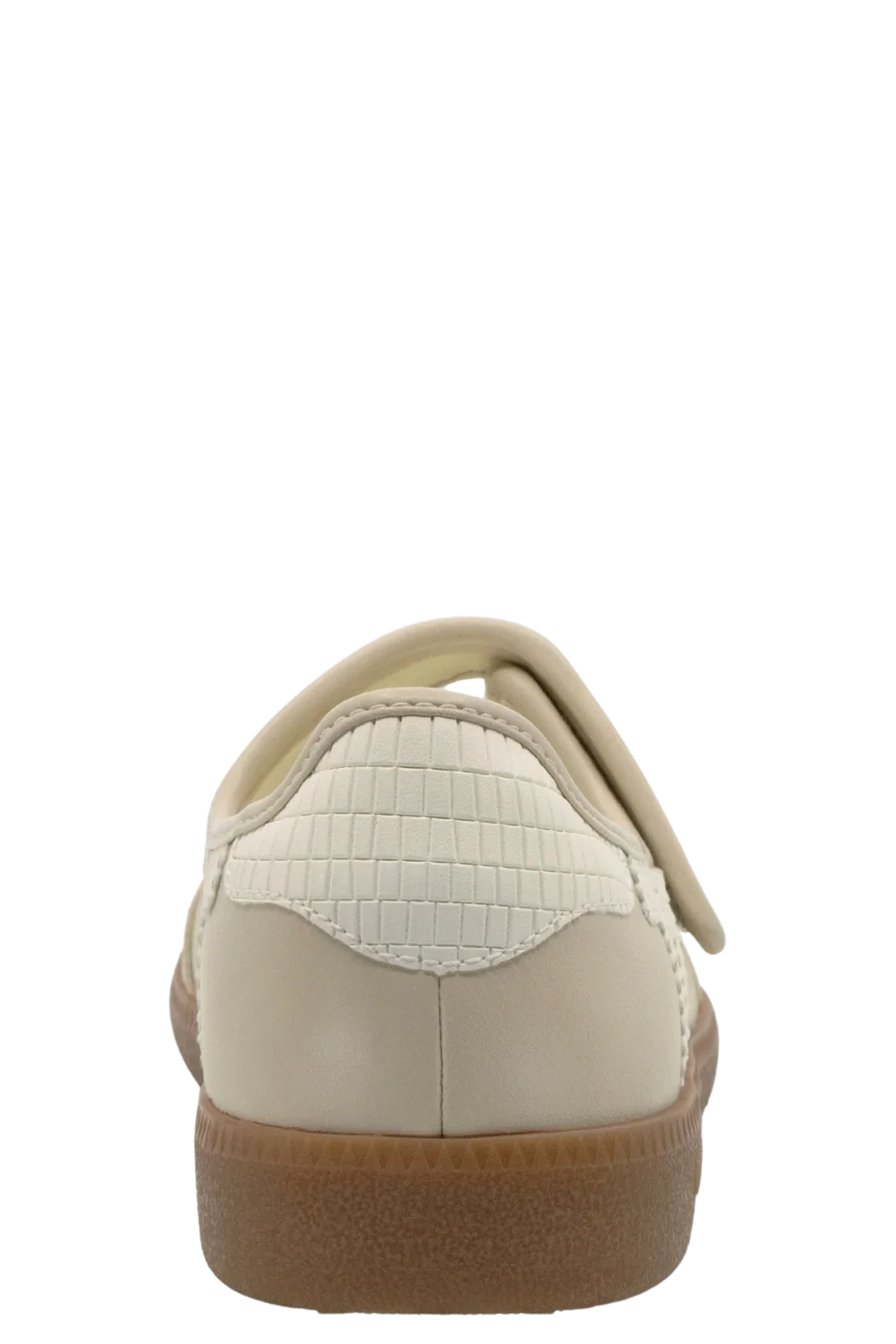 A single cream-colored slip-on shoe with a textured crocodile-patterned heel panel and a tan sole, shown from the back against a white background.
