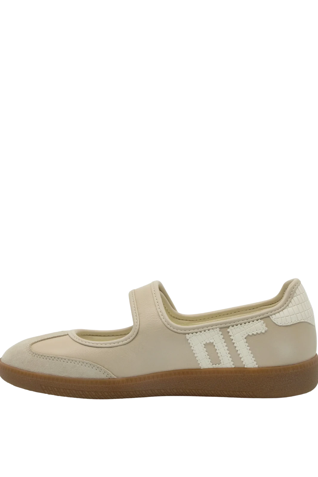 A single women's Mary Jane shoe in beige faux leather and suede, featuring a hook-and-loop strap, a textured white side logo, and a brown gum sole, shown against a plain white background.