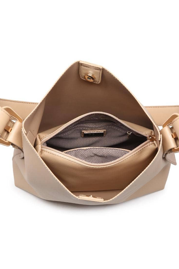 Beige handbag with open top on a white background