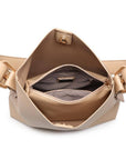 Beige handbag with open top on a white background