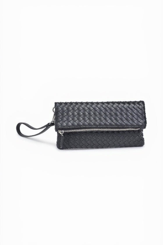 Black woven clutch bag on a white background