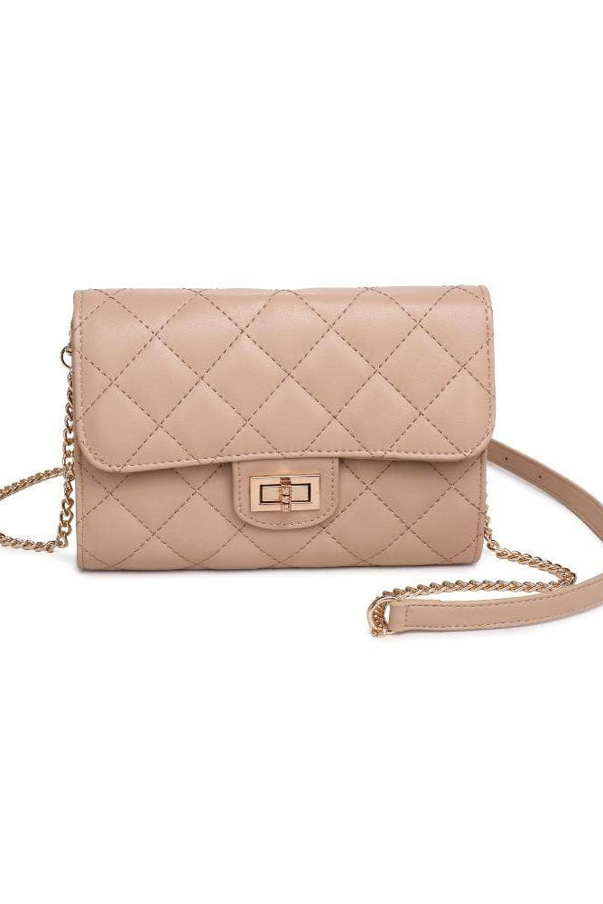 Beige quilted handbag with a chain strap on a white background