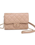 Beige quilted handbag with a chain strap on a white background