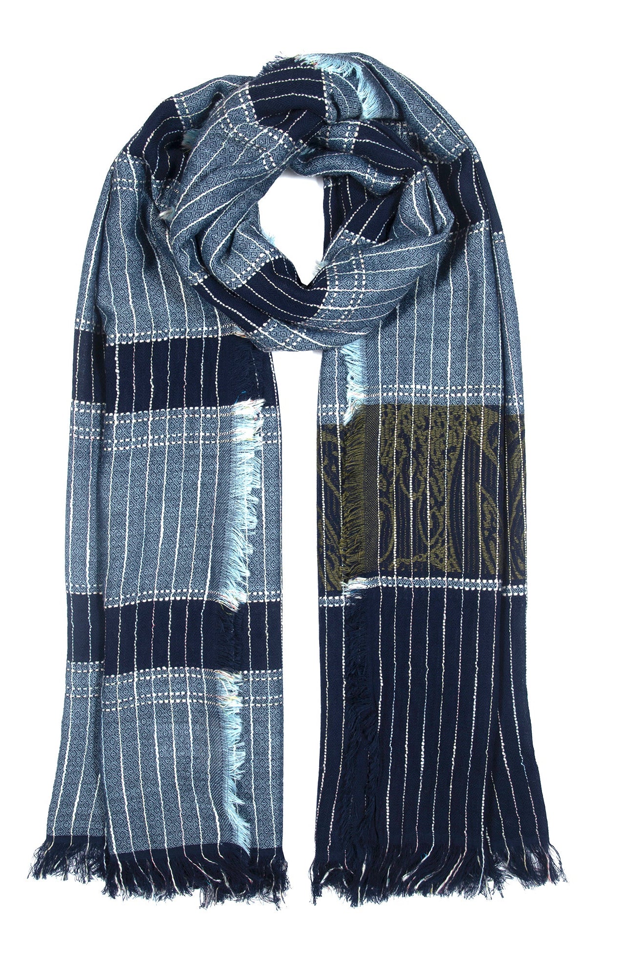 Plaid scarf with blue and white pattern on a white background